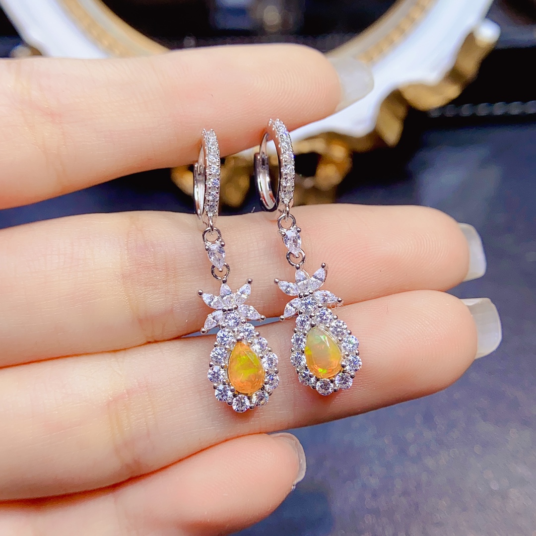 Opal Earrings Dangle - 925 Sterling Silver Classical Natural Orange