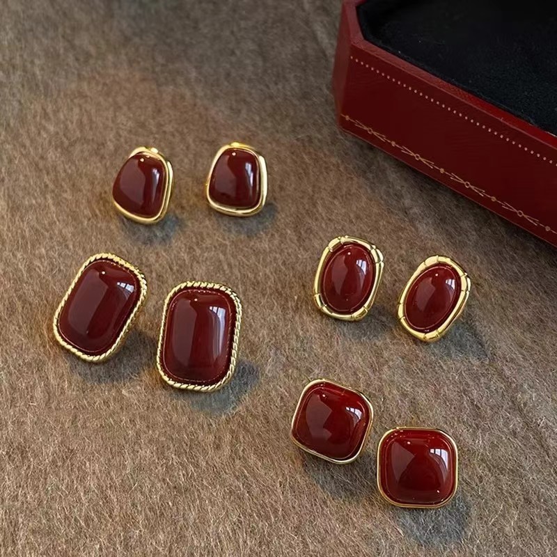 Vintage Enamel Wine Red Stud E - Opal Earrings Dangle 评论和价格