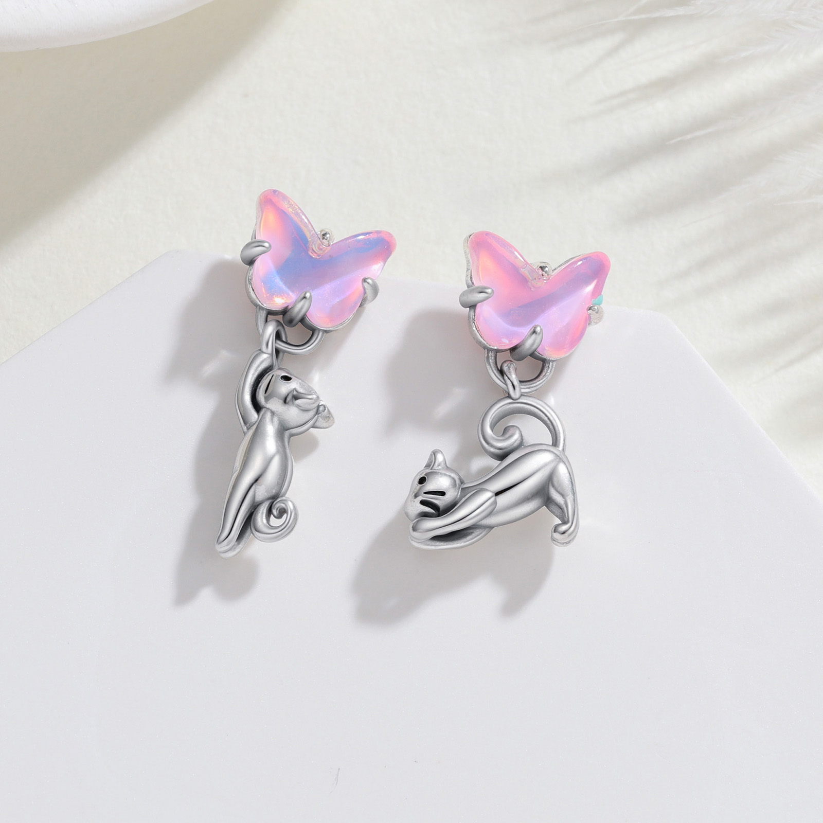 925 Sterling Silver Cat & Butt - Opal Earrings Dangle 评论和价格